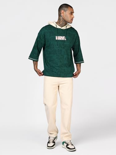 Image of Bewakoof Official Marvel Merchandise Men's All Over Printed Oversized Fit Extended Sleeve Hooded Pure Cotton T-Shirt