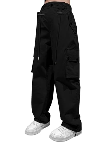 Image of HENGAO Girls Cargo Pants Parachute Casual Jogger Y2K 5-14 Years | Kids Baggy pants Parachute, Drawstring, with Pockets, Elastic High Waist, Loose Trousers Streetwear