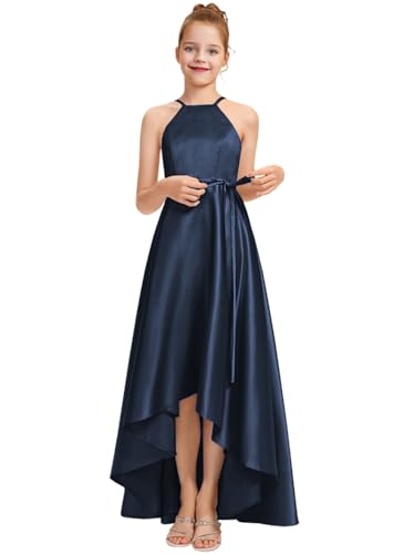 Junior Bridesmaid Dress A-Line Halter High Low Dresses Satin for Wedding Party T054