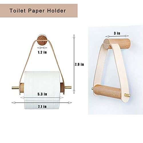 Wood & Leather Wall Toilet Paper Holder, Rustic Tissue Rolls Paper Holder Wall Mounted, Graceful And Natural Bathroom Accessories With Self-Adhesive Seamless Screw (Off-White) #TOP1