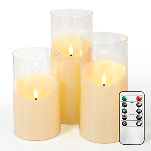 Eebuss Flameless Candles with Remote Control, LED Candles and Timer, Realistic Single Battery Operated Candles, for Home,Festival Decor,Christmas,Plastic, Set of 3,Ivory(D:3\" xH:5\" 6\" 7\")