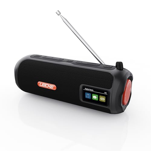 LEICKE DAB+ Radio Tube - Tragbarer Bluetooth Lautsprecher mit DAB+/FM, 4500mAh Akku, RGB-LED Lichter, 10W Stereo-Sound,Equalizer, USB-C-Ladung, Micro SD/AUX Anschluss, Netz- und Akkubetrieb, Schwarz