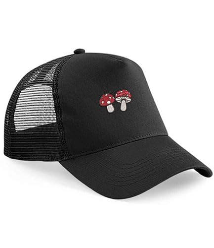 Mushroom Embroidery Baseball Cap | Toadstool Snapback Hat for Adults | Unisex Casual Sporty Headwear with Adjustable Strap Black