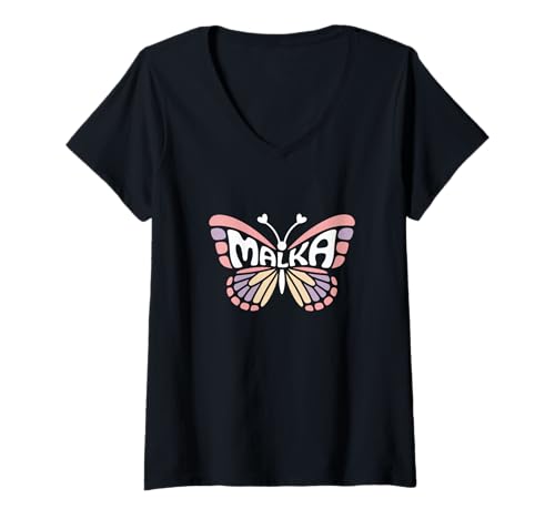 Photo de Femme Papillon Malka – Word Art personnalisé avec nom Mignon T-Shirt avec Col en V