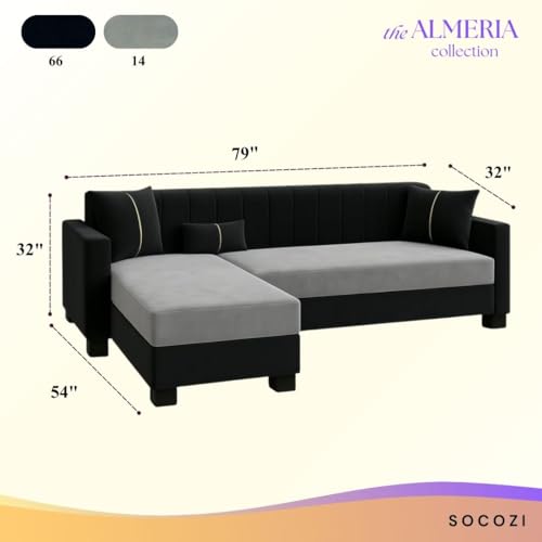 Image of SOCOZI Alveria 4 Seater LHS L Shape Sofa Set | Soft Velvet Suede Fabric | Modern Design | Plush Comfort Cushions for Living Room (Light Grey-Black)