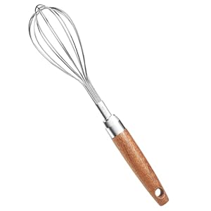 Stainless Steel Wire Whisk, Wooden Handle Kitchen Hand Whisk Multi Function, Non Stick Balloon Whisk Egg Beater for Blending Whisking, Beating, Frothing & Stirring Batters (10″L x 1.8″W)