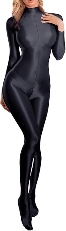 Liangliang Women's Oil Shiny Glossy Sheer Costume Jumpsuit High Elastic See Through Bodysuit Long Sleeve Bodycon Romper Catsuit Outfit (Black, M)