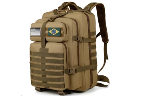 Mochila Tática Militar 50L Impermeável Nylon Oxford com Sistema MOLLE – Mochila Grande para Camping, Trilha, Trekking e Viagem, Alta Capacidade, Mochila Militar Resistente para Aventura (Marrom)