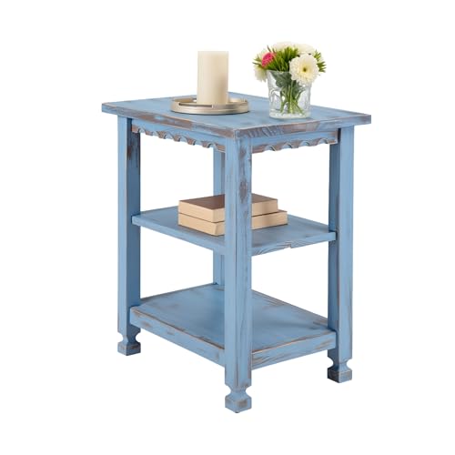 Country Cottage 3-Tier Farmhouse End Table – 15" W x 20" D x 27" H Rustic Nightstand with Carved Scalloped Edges, Turned Legs, and Distressed Finish by Alaterre Furniture (Antique Blue)
