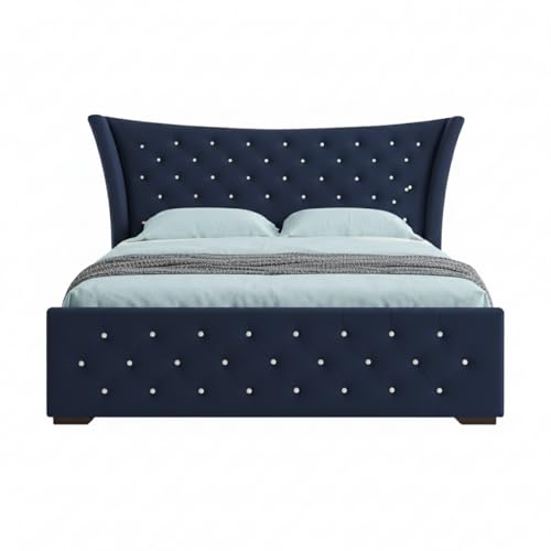 Image of Pearl Upholstered Queen Size Bed with Box Storage for Bedroom | Elegant Wooden Double Bed with Storage | Platform Cot Palang with Tufted Headboard | 6.5 x 5 Ft | Sheesham Wood | Navy