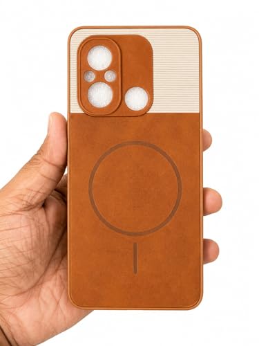 Image of Bintage Mac Safe Design Hard Slim Back Case | Soft Border Camera Protect | Dual PU Leather Finish Back Cover Compatible for MI Redmi 12C 4G - White & Brown