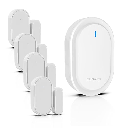 Détecteur Sonnette fil avec une Portée de 260 Pieds pour Portes et Fenêtres, 39 Sonneries, 1 Alarme Sonnette avec 4 Paires Capteurs Porte, Système d'alarme...