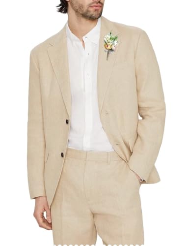 Wangyue Men's Linen Suit Slim Fit 2 Piece Suit Casual Lightweight Summer Beach Wedding Linen Blazer Pants Set