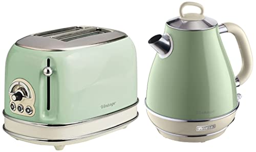 Ariete 2869 Vintage, elektrischer Wasserkocher aus Edelstahl, 1,7 Liter, für Wasser, Tee und Kräutertees, Abschaltautomatik, 2000 W, Pastellbeige & 155-Toaster, 18/8 Stainless Steel, Grün