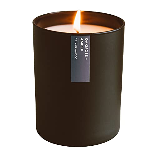 Calyan Wax Soy Wax Candle, Oakmoss & Amber Scented Candle for The Home | Premium Candle with Essential Oils | 10.2 oz 50 Hour Burn | Soy Candle in Black Jar, Gift for Men