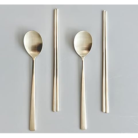 cozymomdeco Gift Box Edition Korean Made Traditional Utensil Flatware Modern Gold Color 18-10 Stainless Steel Spoon & Chopsticks 2SET (2) Cover