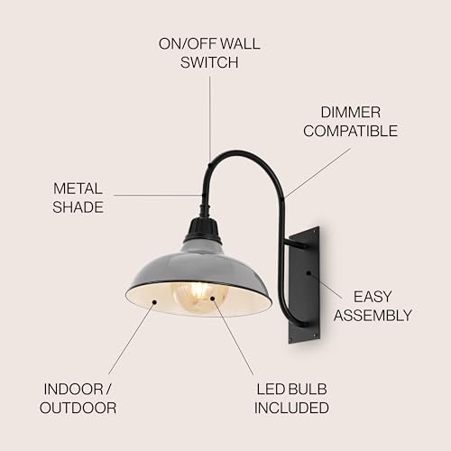 Image of JONATHAN Y 12.25 inch Gray /Black 1-Light Farmhouse Gooseneck Outdoor Wall Sconce Lamp, with Black Metal Bowl Shade, Industrial Iron LED Porch Light for Patio Garage Entryway (JYL7614D)