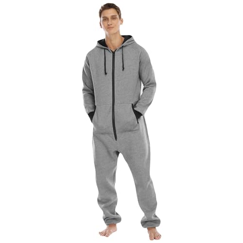 Men's Hooded Onesie Pajama Soft Lightweight Full Zipper Fall Long Sleeve Jumpsuits One Piece Loungewear w/Pockets3