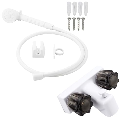 Image of RV Shower Faucet with Hose and Head, RV Outdoor Shower Kits, RV Tub Faucet with Shower Diverter Outdoor Shower Kit Fits for RV /Campers,Travel Trailer,Motorhome (Bathtub Faucet Kit, White + Gray Knob)
