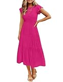 ZESICA Women's 2024 Summer Casual Flutter Short Sleeve Crew Neck Smocked Elastic Waist Tiered Midi Dress,Rose,Large