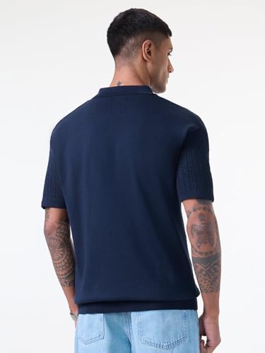 Image of The Souled Store Jacquard Polo: Midnight Wave Men and Boys Short Sleeve Spread Collar Navy Blue Solid Cotton Casual Everyday Officewear Regular Fit Polos