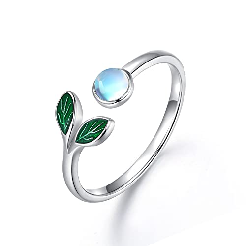 Bague pierre de lune véritable et feuilles en argent 925