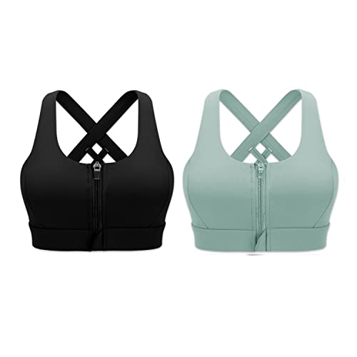 Image of Cordaw Zipper in Front Sports Bra High Impact Strappy Back Support Workout Top