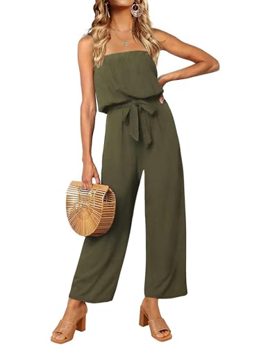 ZESICA Women's Casual Off Shoulder Solid Color Strapless Belted Wide Leg Jumpsuit Romper