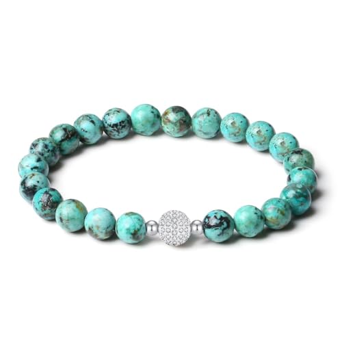MetJakt handmade original 8MM natural stone white gold diamond-encrusted elastic bracelet (African Turquoise)