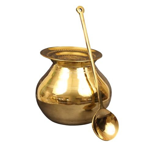 Image of Putrika Traditional Handcrafted Brass Utensil Pongal Pot Set|Pongal Paanai|Cookware|Urli|Heavy Weight with Lid and Ladle|Sankranthi Festival|Inner TIN Coating[Net Weight: 1.16kg](7 inch Set)