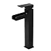 Homary Modern Solid Brass Matte Black Waterfall Bathroom Vessel Sink Faucet Open Channel Spout Cascade Bathroom Faucet with Pop Up Drain, Mid-tall Size cUPC Certified