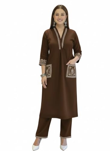 Image of SHEINZY Women's Embroidered Kurta Set with Pants | 3 /4 Sleeve V-Neck Kurti with Floral Thread Work | Ethnic Indian Wear for Casual & Festive Occasions | Comfortable Co-ord