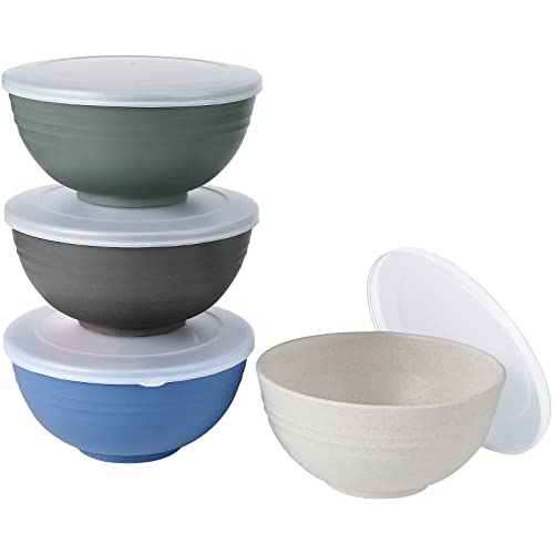 26 OZ Wheat Straw Cereal Bowls with Dust-Proof Lid, Reusable Bowls for Kitchen, Set of 4, Microwave and Dishwasher Safe, for Soup, Oatmeal, Ramen, RV, Camping,College Dorm Room, Coastal - image 1