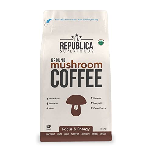 La Republica Superfoods Ground Mushroom Coffee, Certified Organic & Fair Trade Arabica Coffee, 7 Super Food Mushrooms, Lion's Mane, Reishi, Chaga, Cordyceps, Shiitake, Maitake, And Turkey Tail (Medium Roast, 60 Servings) #TOP14
