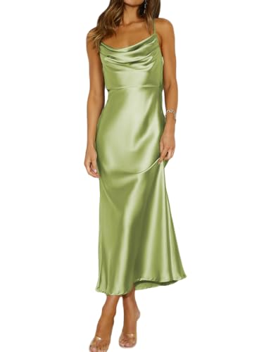 Image of Summer Satin Spaghetti Strap Cowl Neck Backless Midi Dresses for Women Elegant Tie Low Back Ruched Cocktail Dress
