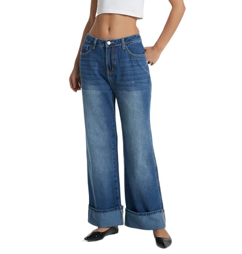 D-Sun Women Wide Leg Jeans Baggy High Rise Cuffed Jeans Casual Trendy Loose Denim Pants2