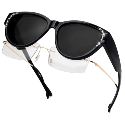 Face Shadow Überzieh Sonnenbrille über Normale Brille Damen Herren, Übergroß Polarisiert Überbrille für Brillenträger, Katzenaugen mit Strass-Akzent UV400 Sonnenschutz, für Fahren Angeln Radfahren