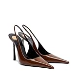 THESHY Women's Pointed Toe Slingback Heels Stiletto High Heel Faux Leather Stretch Strap Slip-on Backless Pumps Fashion Dress Shoes for Women Brown