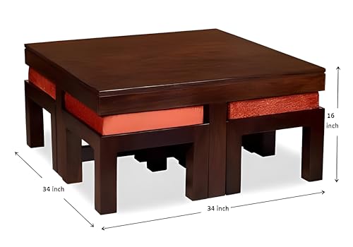 Image of Loonart Solid Sheesham Wood Coffee Table with Four Cushioned Stools | Idel for Living Room | Cafe | Restaurant | Space Saving Indoor Table Set | Finish Color - Natural Teak Finish | Pink Cushion |