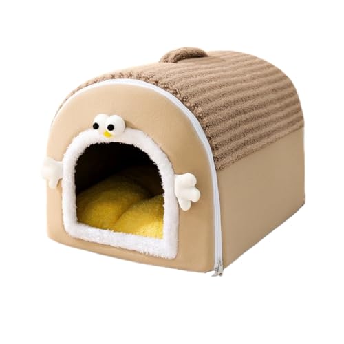 冬用猫ベッド ペットルーム ドーム型 暖かい ふわふわ カーテン付き クッション付き 厚手 長毛種 小型犬用ハウス 防寒 滑り止め 洗える (M,Y)