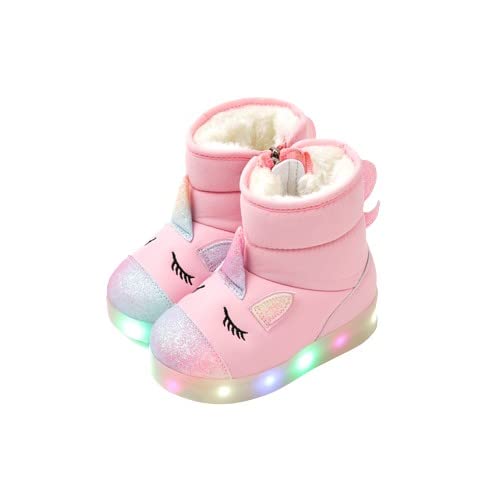 Ozkiz Toddler Girls Winter Warm Fur Lined Waterproof Snow LED Ankle Boots Unicorn Pink