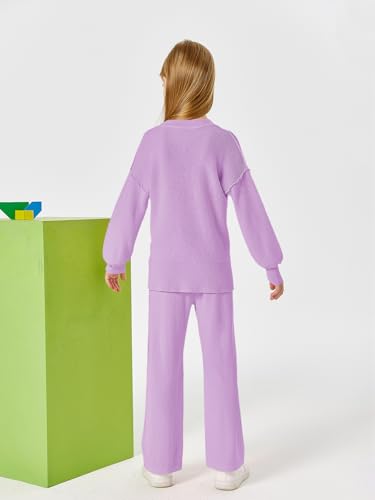 Image of Haloumoning Girls 2 Piece Outfits Kids Long Sleeve Crewneck Sweater Drawstring Wide Leg Long Pants Sweatsuits Sets 5-14T
