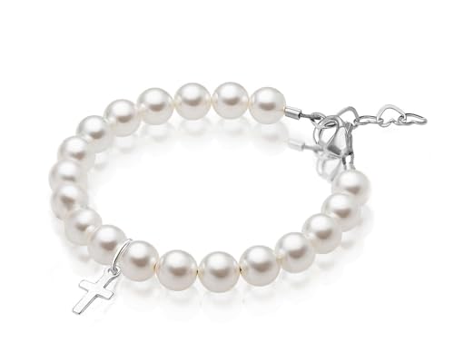 Image of Baby Crystals White Pearl Personalized Bracelets for Girls, Sterling Silver Initial Cross Charm Bracelet, Christening, Communion Baptism Gifts for Girl, Birthday Gifts, Girls Jewelry
