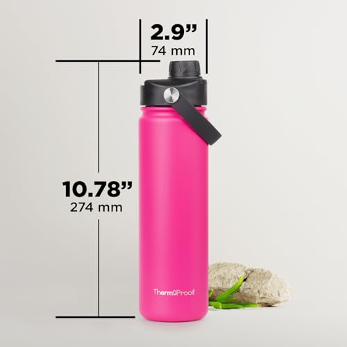 Image of ThermoProof Double-Walled Vacuum Insulated Stainless Steel Water Bottle - Wide Mouth with Chug & Spout Lids, Dishwasher Safe, Reusable, Leakproof, Hot & Cold for Men, Women & Kids - 22oz, Neon Pink
