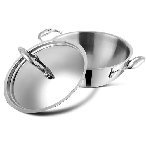Vinod Platinum Triply Stainless Steel Extra Deep Kadai with Stainless Steel Lid 1.5 litres Capacity (20 cm Diameter) with Riveted Handles, Silver (Induction and Gas Stove Friendly)