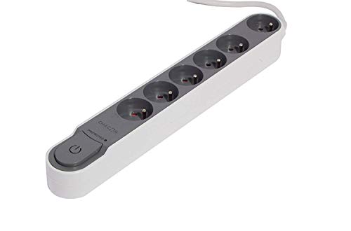 Chacon 49614 stekkerdoos, 6-voudig, met overspanningsbeveiliging en uitschakelaar, 1,5 m, donkergrijs