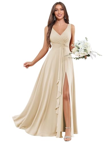 Image of BOLENSYE Bridesmaid Dresses Long Ruched Ruffles Chiffon A Line Evening Party Gown with Pockets Slit