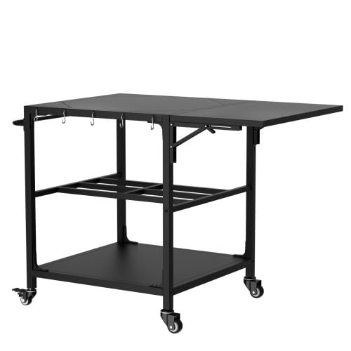 Carrello per barbecue da esterno per XL Big Green Egg, resistente alle intemperie e pieghevole, robusto carrello in metallo con ruote, ripiano e ganci per attrezzi, tavolo mobile per barbecue per