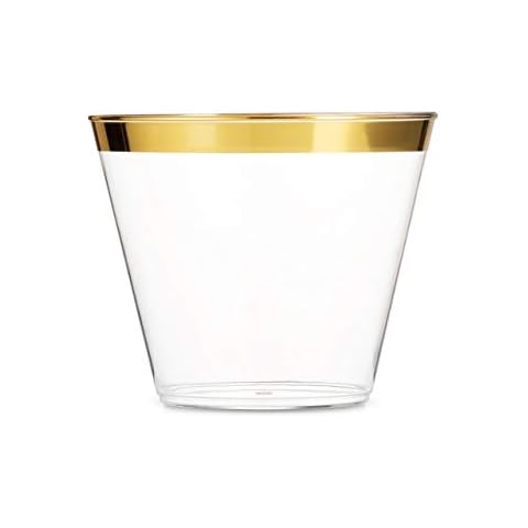Munfix 100 Gold Plastic Cups 9 Oz Clear Plastic Cups Old Fashioned Tumblers Gold Rimmed Cups Fancy Disposable Wedding Cups Elegant Party Cups with Gold Rim Cover