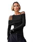 EMOTTOS Top da Donna Y2K, Sexy con Scollo Asimmetrico e Spalle Scoperte, Camicie con Ruches, Top Slim Fit a Maniche Lunghe, Maglietta Elasticizzata Casual da Festa per Donne, Nero, L